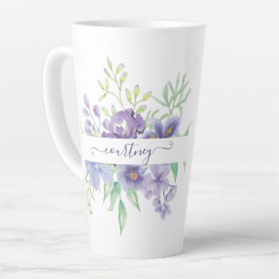 Taza De Café Latte Lilac floral personalizada acuarela 