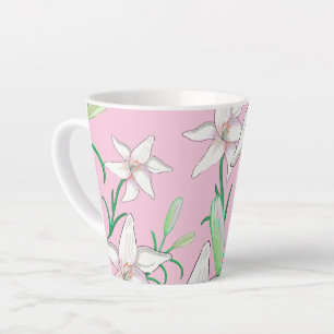 Taza De Café Latte Lillies blancos sobre el Ilustracion de fondo rosa