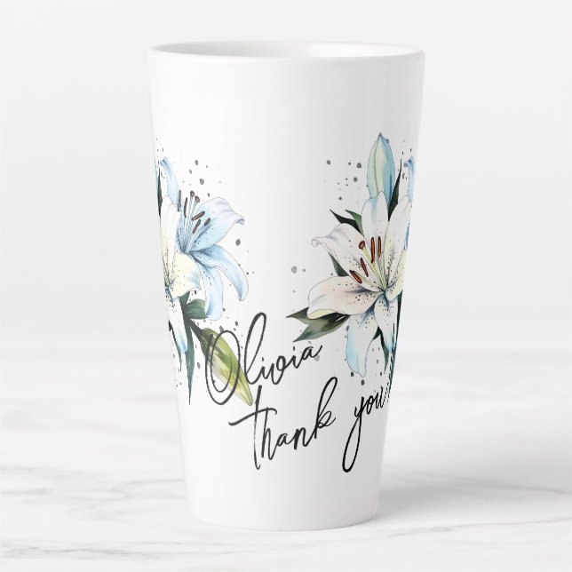 Taza De Café Latte Lily "¡Gracias! Eslogan y nombre editables (Anverso)
