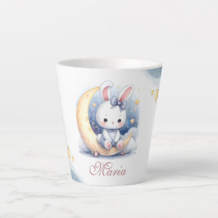 Taza De Café Latte lindo conejito sentado en la luna