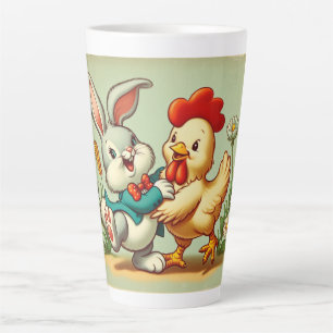 Taza De Café Latte Lindo conejo y pollo de dibujos animados vintage