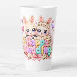 Taza De Café Latte Lindo Kawaii Conejo Feliz Boda Pareja Rosa Pastel