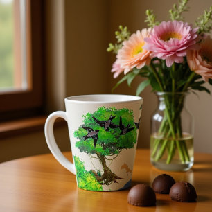 Taza De Café Latte Lindo pájaro con ardillas jugando en el bosque