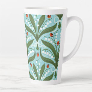 Taza De Café Latte Lirio de los valles y mariquitas simetría en verde