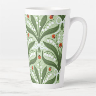 Taza De Café Latte Lirio de los valles y mariquitas simetría en verde