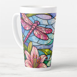 Taza De Café Latte Lirios y Libélulas de Vidrio Teñido Rosa