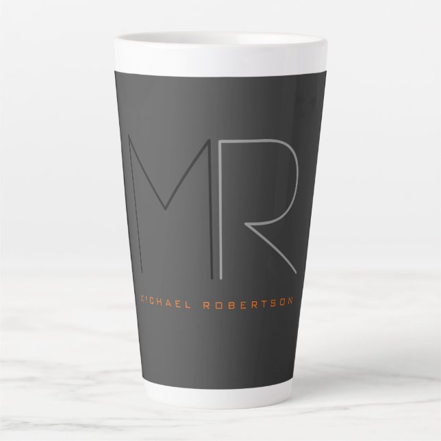 Taza De Café Latte Llanura de monograma negro gris moderno (Anverso)