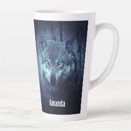 Taza De Café Latte Lobo salvaje mágico con ojos azules asombrosos