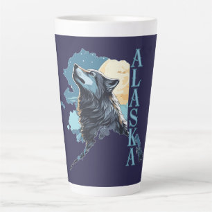 Taza De Café Latte Lobo y luna del contorno de Alaska