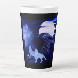 Taza De Café Latte Lobos y Raven con luna llena