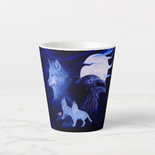 Taza De Café Latte Lobos y Raven con luna llena