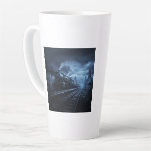 Taza De Café Latte Locomotora de Vapor en una Noche Oscura y Tormento