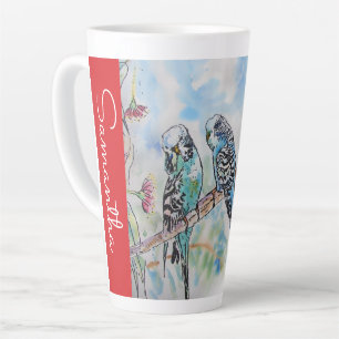 Taza De Café Latte Loros Periquitos Azules Nombre de Mujer Acuarela