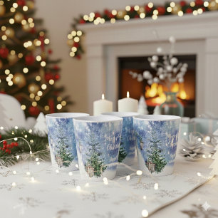 Taza De Café Latte Luces de Navidad Árboles Nevados Acuarela Azul