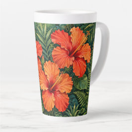 Taza De Café Latte Lujosas flores tropicales de hibisco naranja selvá