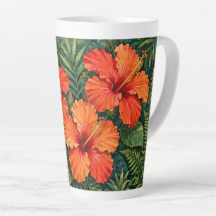 Taza De Café Latte Lujosas flores tropicales de hibisco naranja selvá