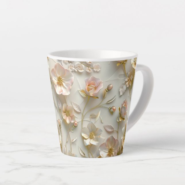 Taza De Café Latte Luxury 3D Embossed Floral Gold Foil Elegant  (Ángulo derecho)