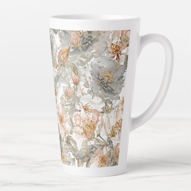Taza De Café Latte Luxury, Elegant, Gold Grey Flowers Pattern  (Derecha)