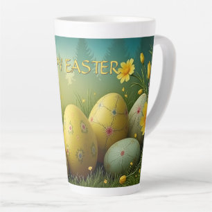 Taza De Café Latte Magia de primavera con huevos de Pascua en un mar
