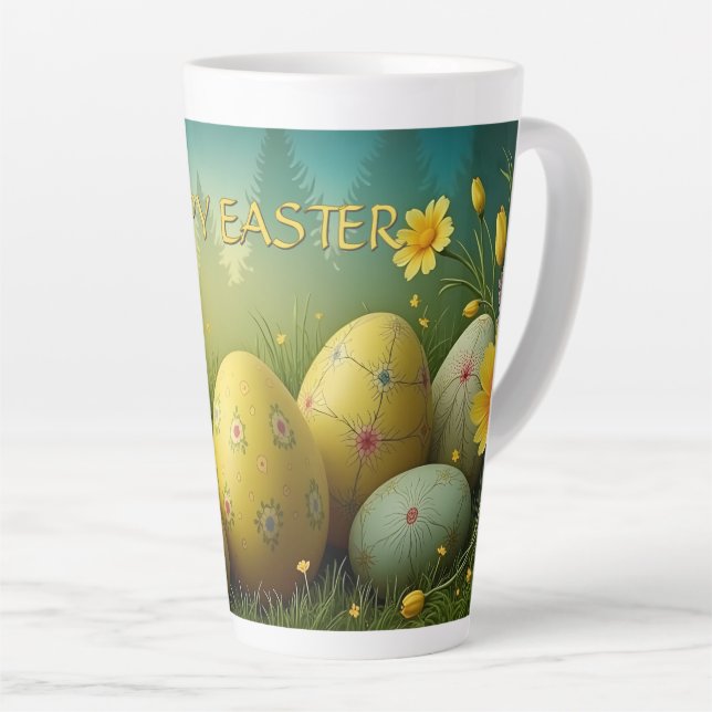 Taza De Café Latte Mágica de primavera con huevos de Pascua en un mar (Ángulo derecho)