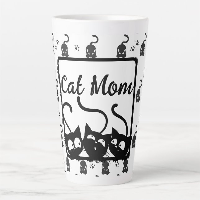 Taza De Café Latte Mamá De Gato Negro Y Blanco (Anverso)