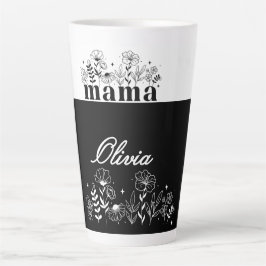 Taza De Café Latte Mamá Flor Silvestre Minimalista en Blanco y Negro 