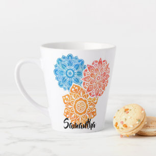 Taza De Café Latte Mandalas florales color azul Naranja rojo