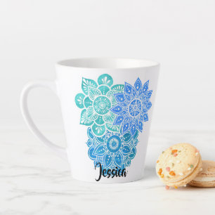Taza De Café Latte Mandalas florales color azul turquesa