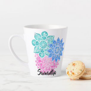 Taza De Café Latte Mandalas florales de color rosa azul turquesa