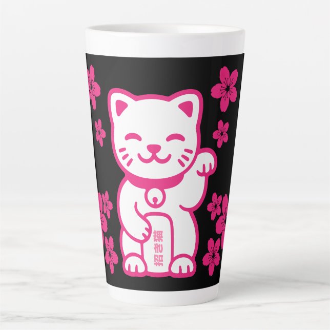 Taza De Café Latte Maneki-neko japonés rosado (Anverso)