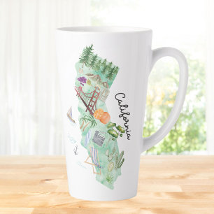Taza De Café Latte Mapa de arte del estado de California en acuarela