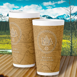 Taza De Café Latte Mapa de Monograma de Cuerda Náutica Marrón