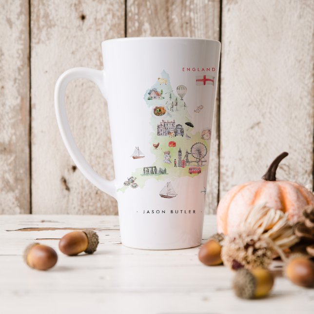 Taza De Café Latte Mapa ilustrado de acuarela de Inglaterra | Monogra (Subido por el creador)