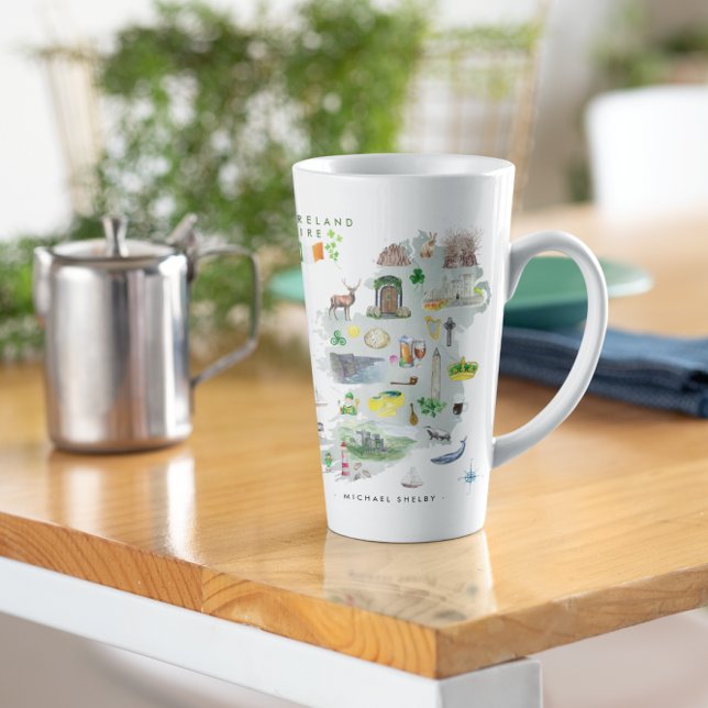Taza De Café Latte Mapa ilustrado de acuarela de Irlanda | Monograma (Subido por el creador)
