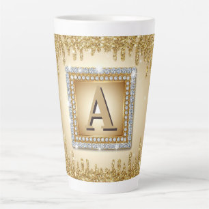 Taza De Café Latte ✨ Marco de Diamante de Monograma de Nombre de Oro