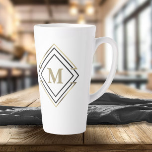 Taza De Café Latte Marco de diamante geométrico Monograma negro/dorad