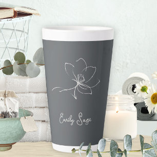 Taza De Café Latte Marfil Gris Pizarra Arte de Línea Floral Minimalis