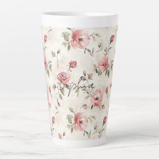Taza De Café Latte Marfil Rubor Rosa Floral (Anverso)