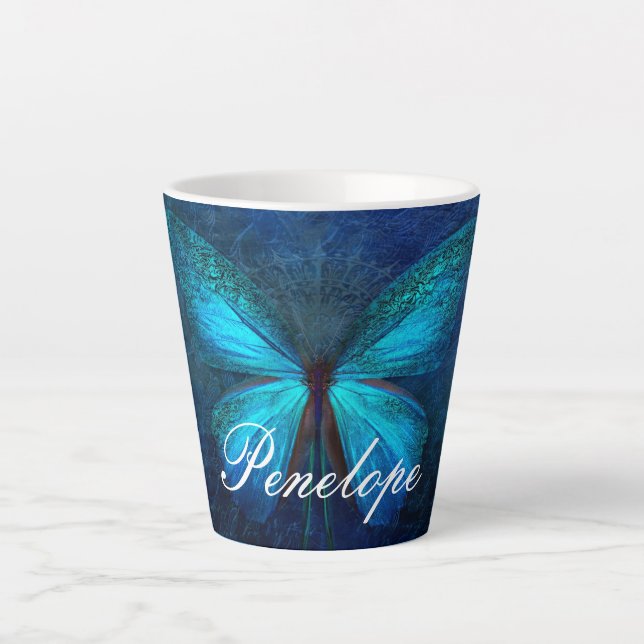 Taza De Café Latte Mariposa azul de alegría y suerte (Anverso)