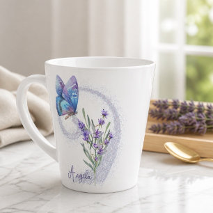 Taza De Café Latte Mariposa azul y lavanda personalizadas