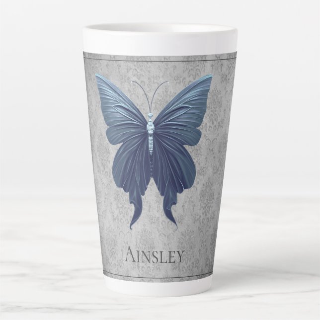 Taza De Café Latte Mariposa con manchas azules (Anverso)