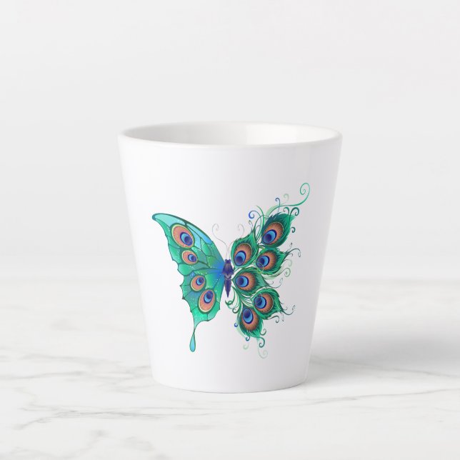 Taza De Café Latte Mariposa con plumas de pavo real verde (Anverso)
