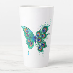 Taza De Café Latte Mariposa con plumas de pavo real verde