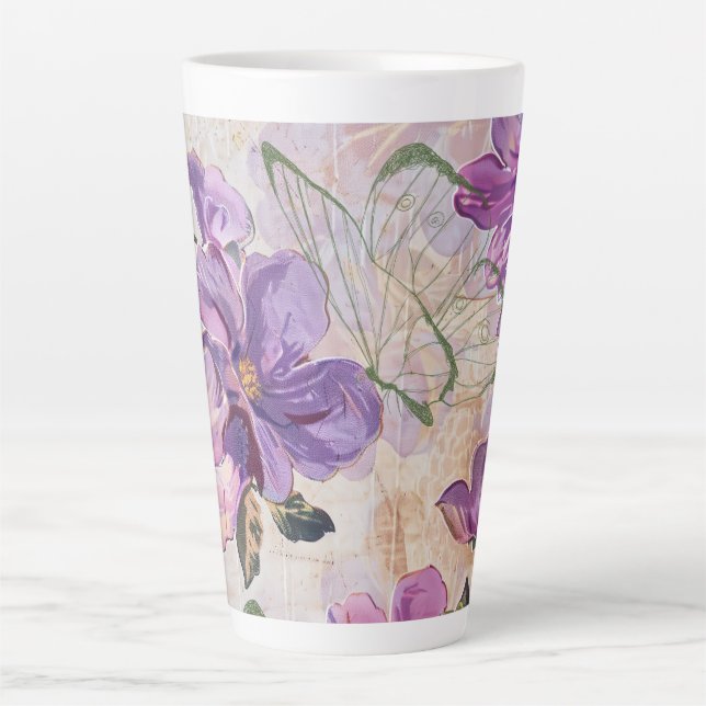 Taza De Café Latte Mariposa de algodón morada (Anverso)