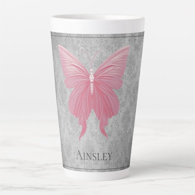 Taza De Café Latte Mariposa de guijarro rosa (Anverso)