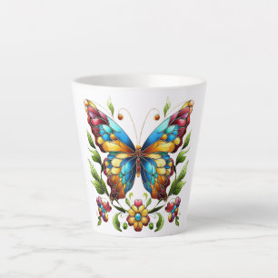 Taza De Café Latte Mariposa de vidrio coloreado con flores