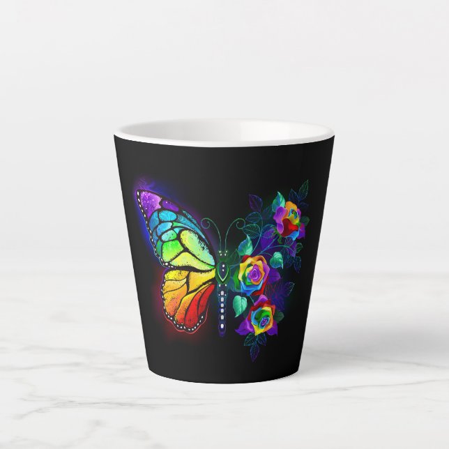 Taza De Café Latte Mariposa florida arcoiris (Anverso)