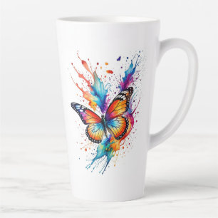 Taza De Café Latte Mariposa Monarca Vibrante en Acuarela