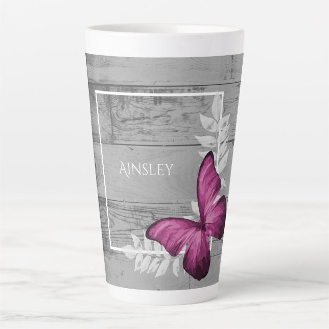 Taza De Café Latte Mariposa Rosada Rustica Personalizada Latte Mug (Anverso)