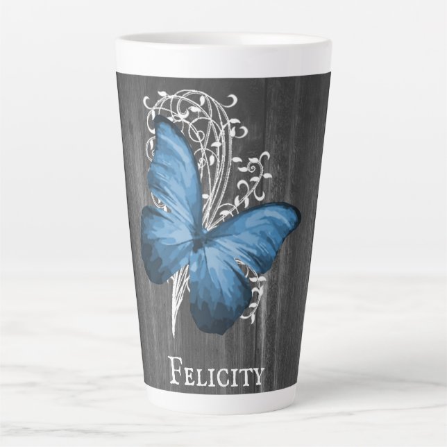 Taza De Café Latte Mariposa Rusa Azul Personalizada Latte Mug (Anverso)